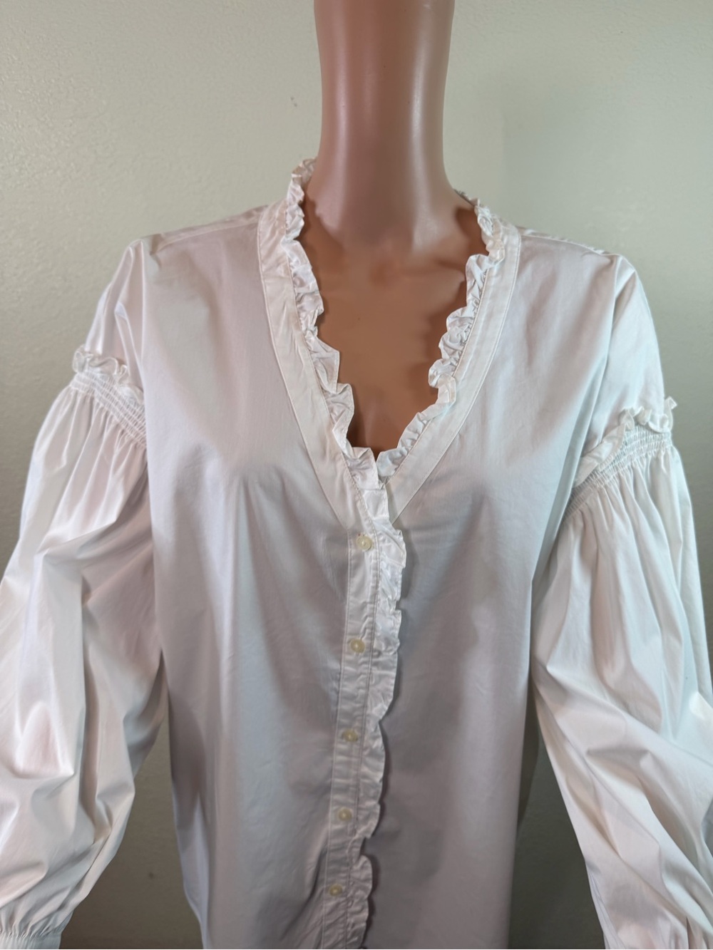Lauren Ralph Lauren White Solid V-Neck Ruffle Button-Up Woven Cotton Blouse XL - Picture 7 of 12
